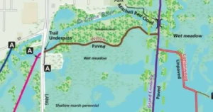 Map of the La Crosse River Marsh area illustrating the Cottonwood and Grand Crossing trails.