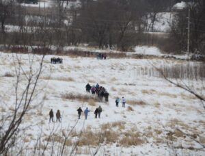 Groups of people dressed in winter clothing walking and snowshoeing across a winter wetland landscape. 